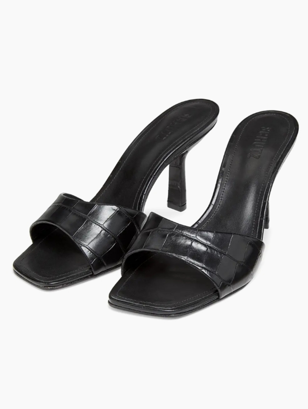 Schutz Black Posseni 90MM Embossed  Leather Open Toe  Mules Size 10